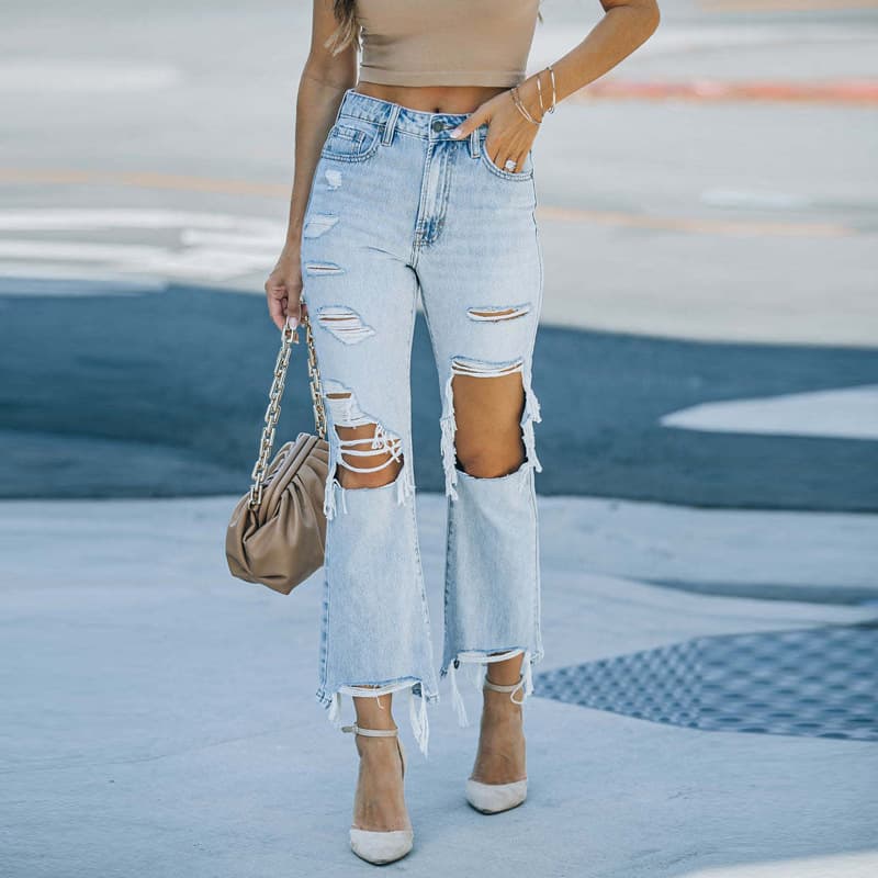 Women's Clothing Casual Washed Wish Ripped High Waist Straight Pants