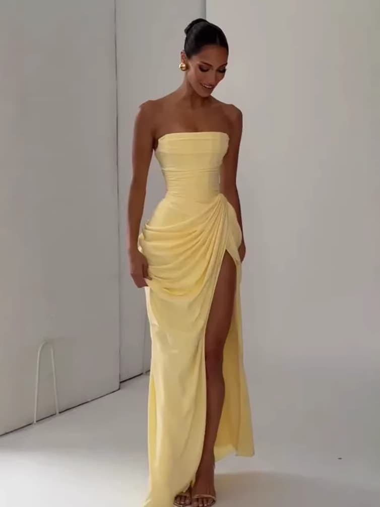 Robe longue bustier élégante à fente haute et froncée pour femme – Robe de soirée sexy et élégante pour banquet