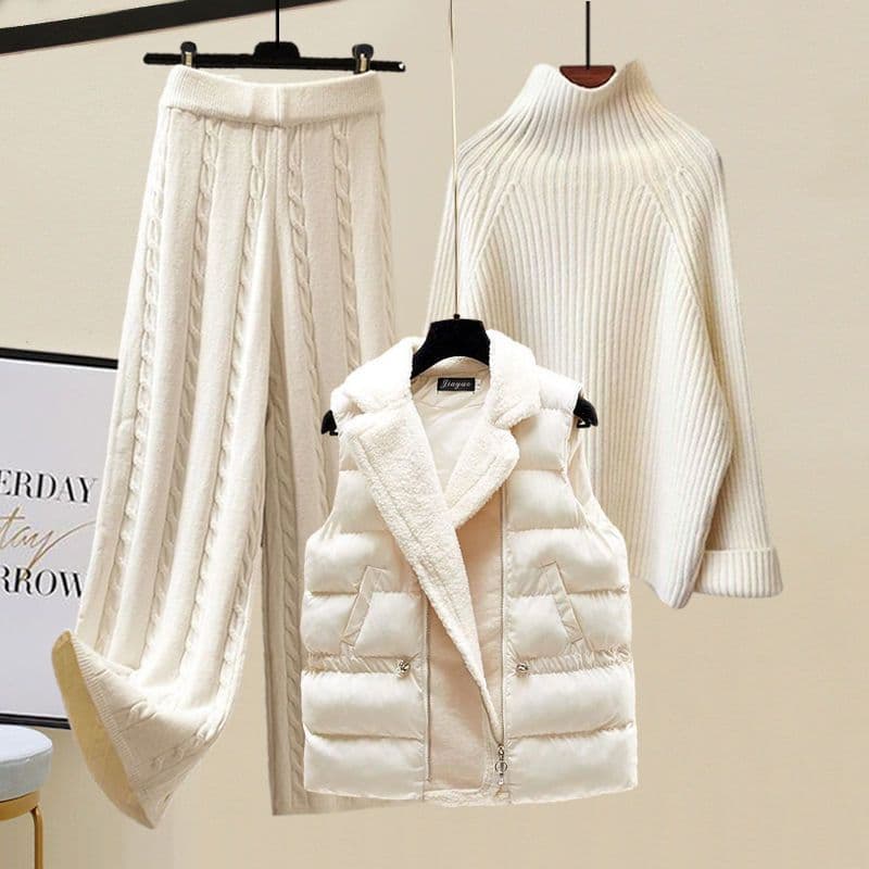 Women's Clothing New Suits For Women Thickened Vest High Collar Knitted Sweater Wide Leg Pants Three Piece Suit Autumn And Winter