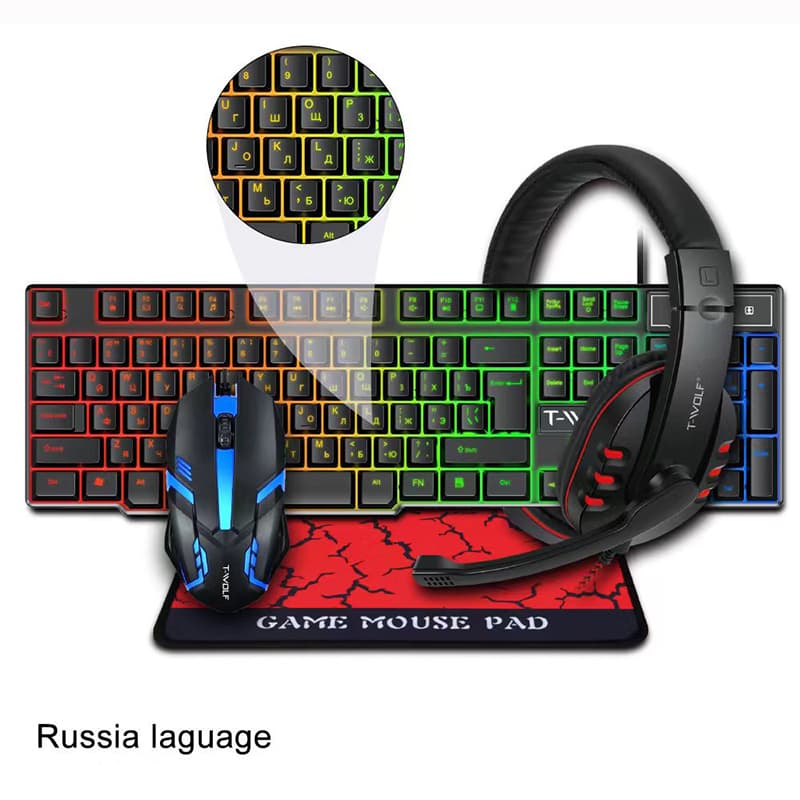 2024 NEW T-WOLF 4 in 1 Keyboard Headset Mouse Pad Wired Game Home Office Set Computer Accessories Luminous Keyboards