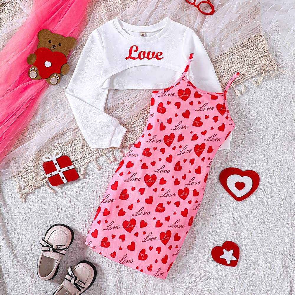 EW Children's Clothing Spring/Summer New Short Top for Middle Large Children and Girls, Love Strap Skirt Set DTZ1012-D