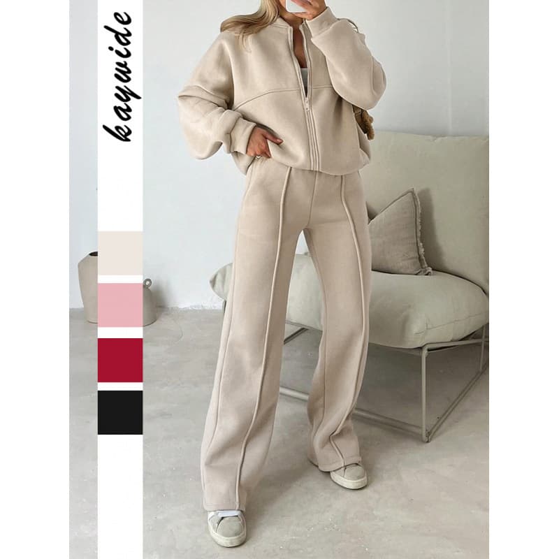 ​Women's Sporty Long Sleeve Tracksuit Set, Solid Color Jogger Pants & Jacket, Casual Streetwear, Polyester Knit Fabric, Black/Pink/Camel/Red, S-XL​