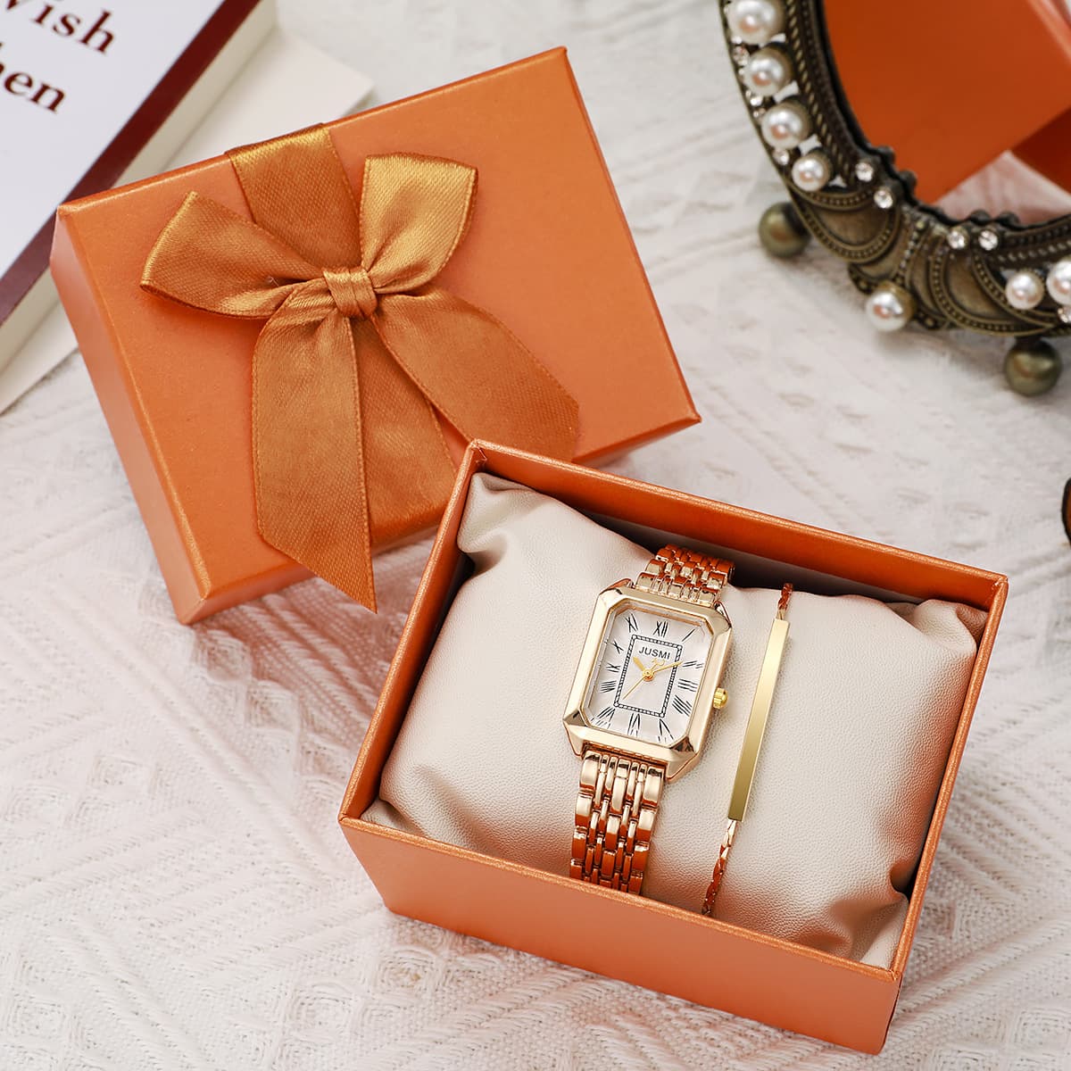 Elegant Minimalist Rectangular Quartz Watch Roman Numeral Dial Stainless Steel Strap For Women Simple Bracelet Included