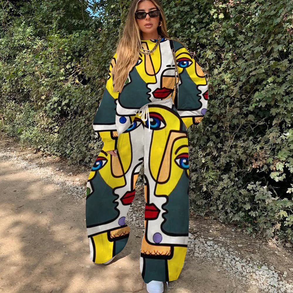 Women's pop print color contrast loose two-piece set