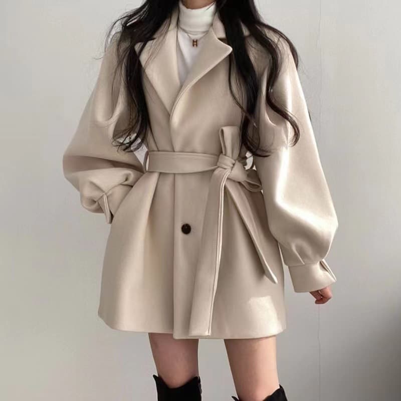 Women's Clothing Hepburn Style Black Woolen Coat New Small Waist Thickened Mid-Length Woolen Coat