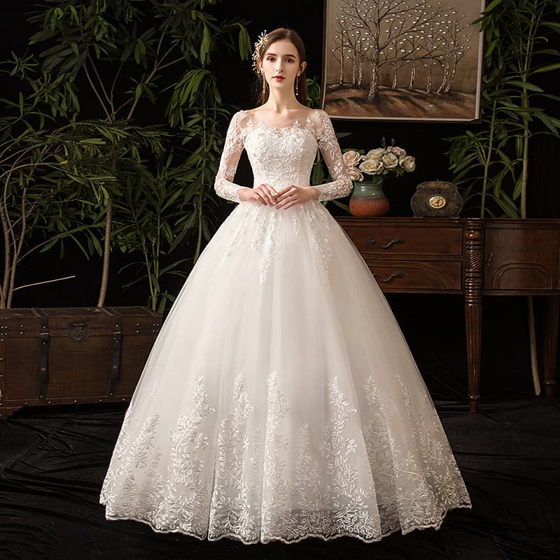 Women's bride long-sleeved small beige simple palace style travel photo temperament main dress