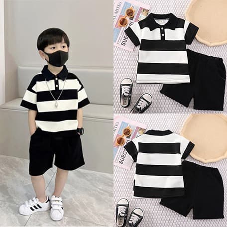 Children's Striped Polo Shirt And Shorts Set Summer Lightweight Short Sleeve Two-Piece Suit for Boys Aged 0-5 Years