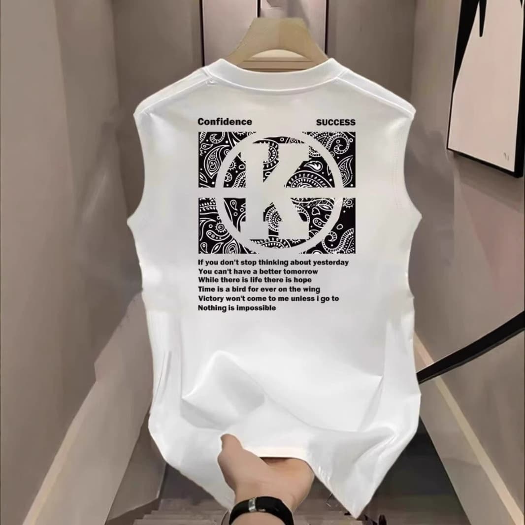 Men's Heavyweight Cotton Sleeveless T-Shirt – Oversized Streetwear Vest With Bold Back Print (Black/White, Gym & Casual)​