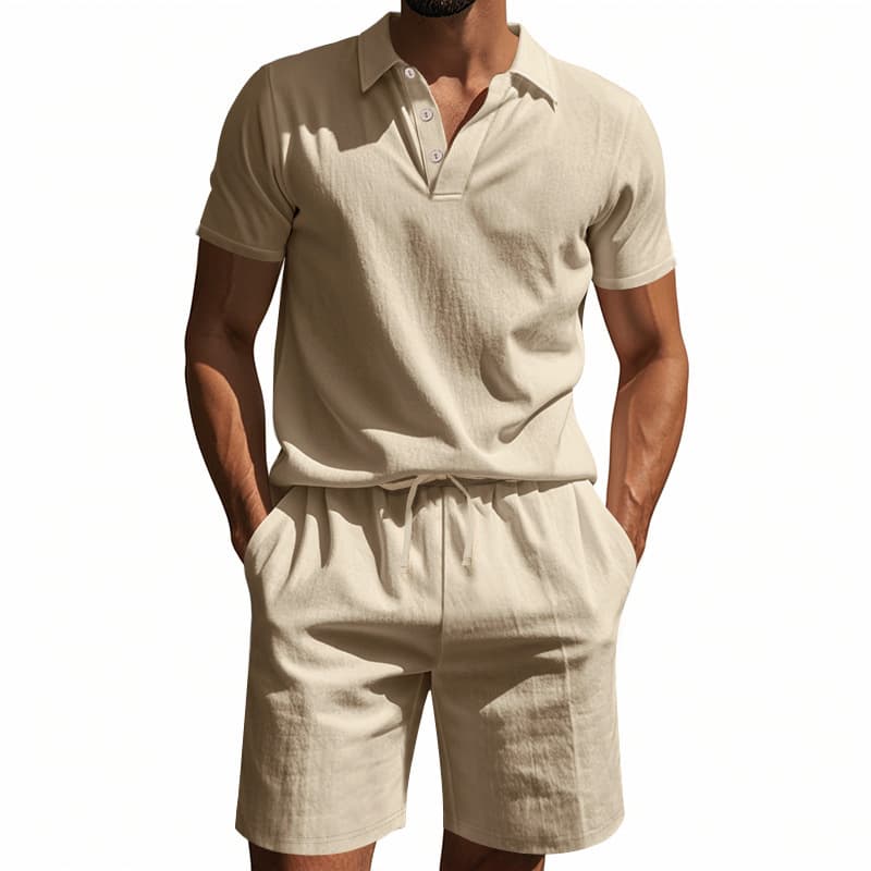 Men's Linen Polo Shirt & Shorts Set - Breathable Summer Outfit, Loose Fit Casual Short Sleeve Suit​