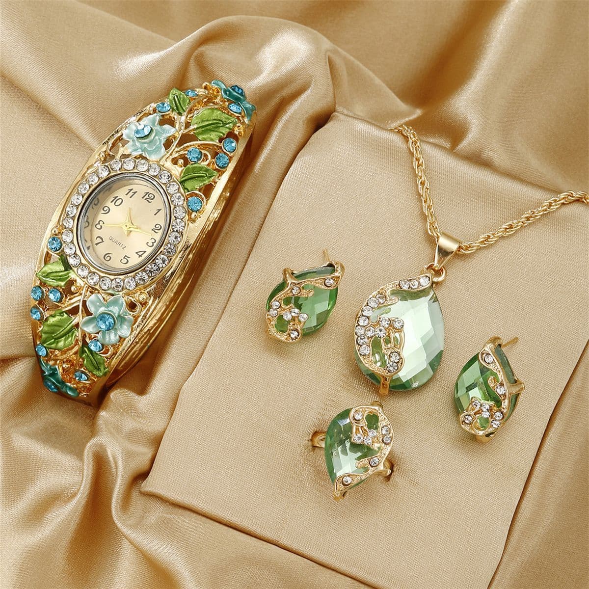 Unisex Accessories Retro Palace Style Elegant Flowers Ladies Watch Fashionable All match Jewelry Set