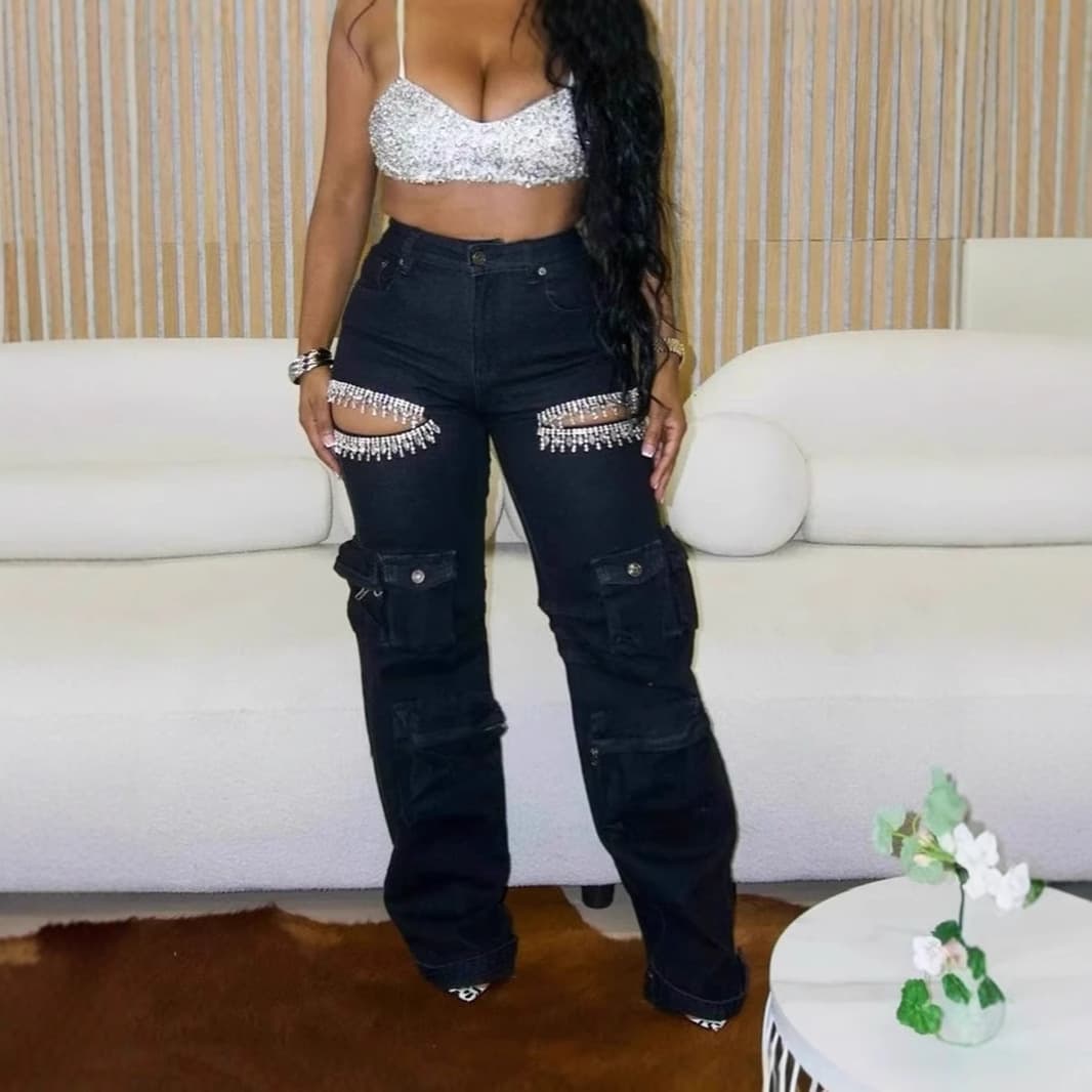 Women’s Clothing Hollow Diamond Overalls Multi pocket Stretch Jeans for Women