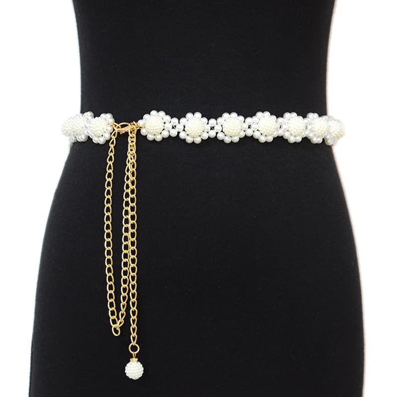 Korean version of pearl metal decoration small round ball tassel chain women's casual thin waist belt