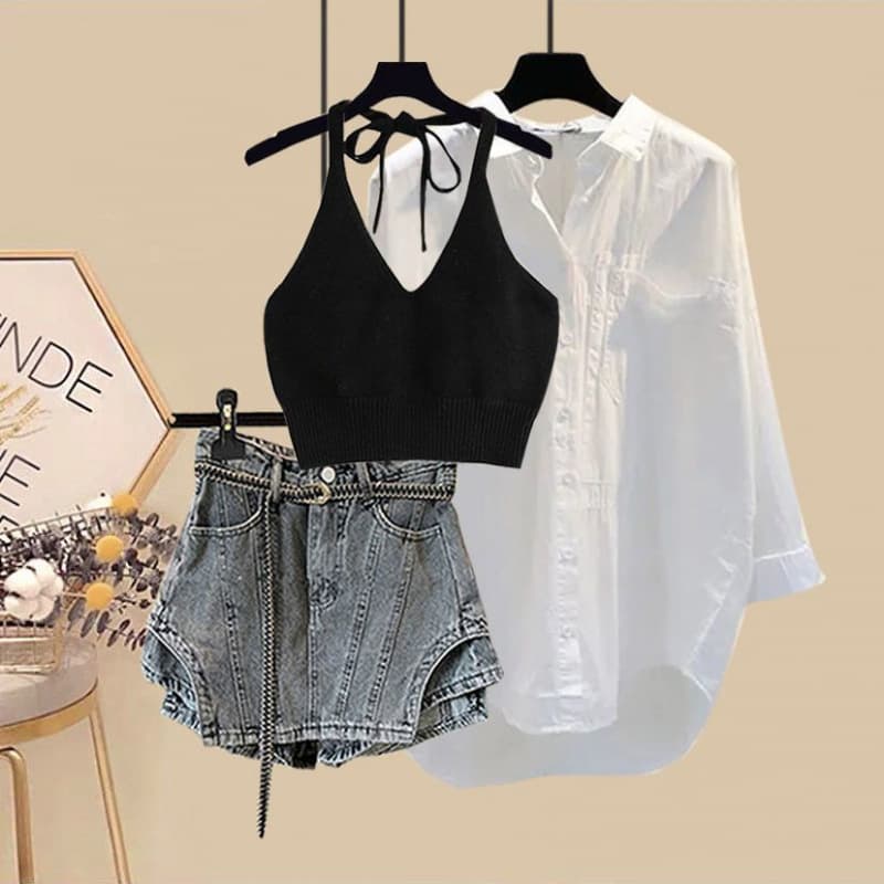 Women's Clothing Summer Outfit Complete Set New Sun Protection Shirt Slimming Halter Neck Suspenders Denim Skirt Three Piece Set