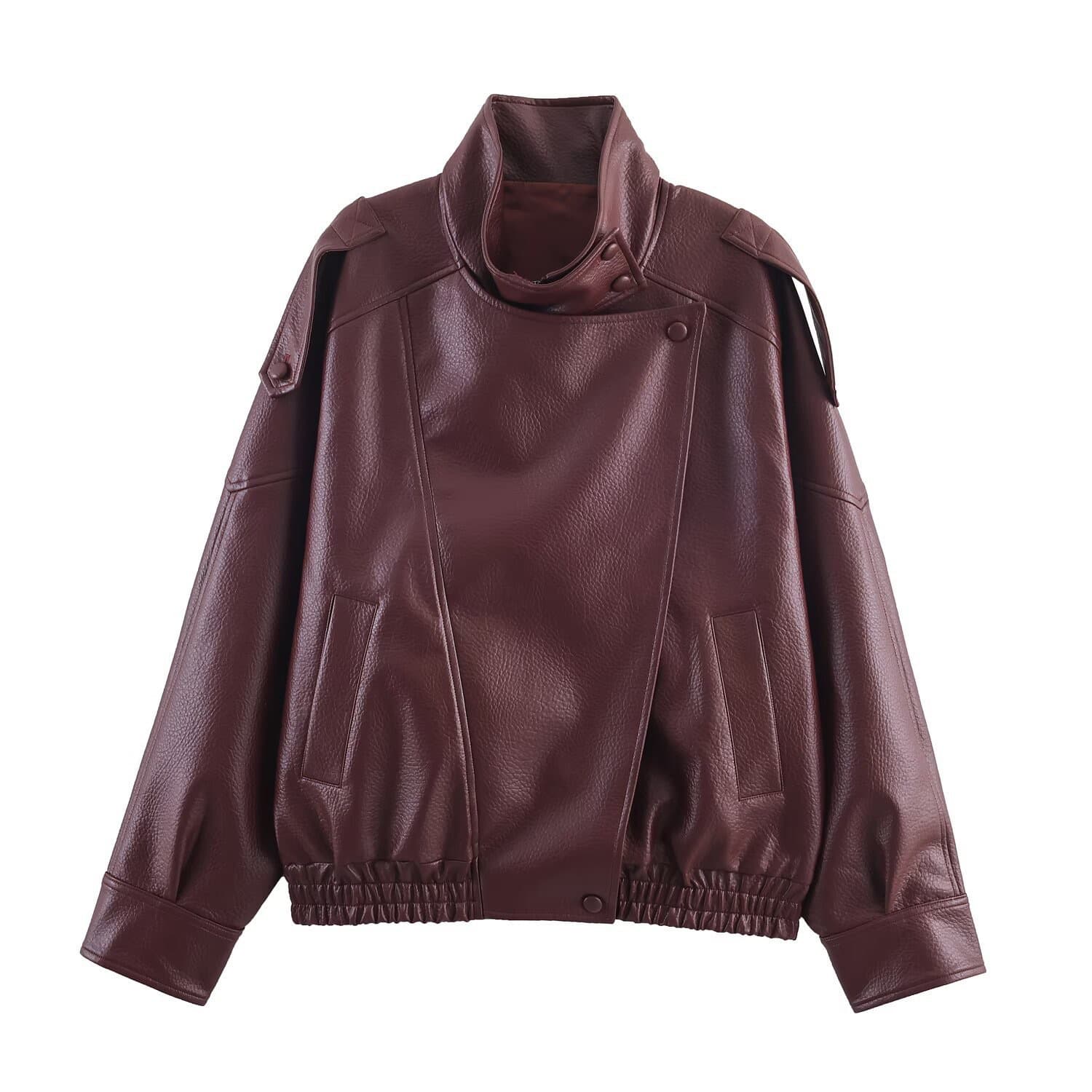 Veste en cuir à manches longues pour femme, style rétro, motif litchi, vêtement d'extérieur décontracté et confortable, tendance et polyvalent.