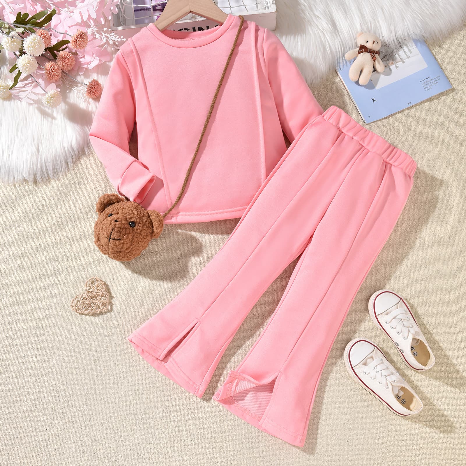 Mother&Kids Fashion cute pink suit children's split pants bear bag set
