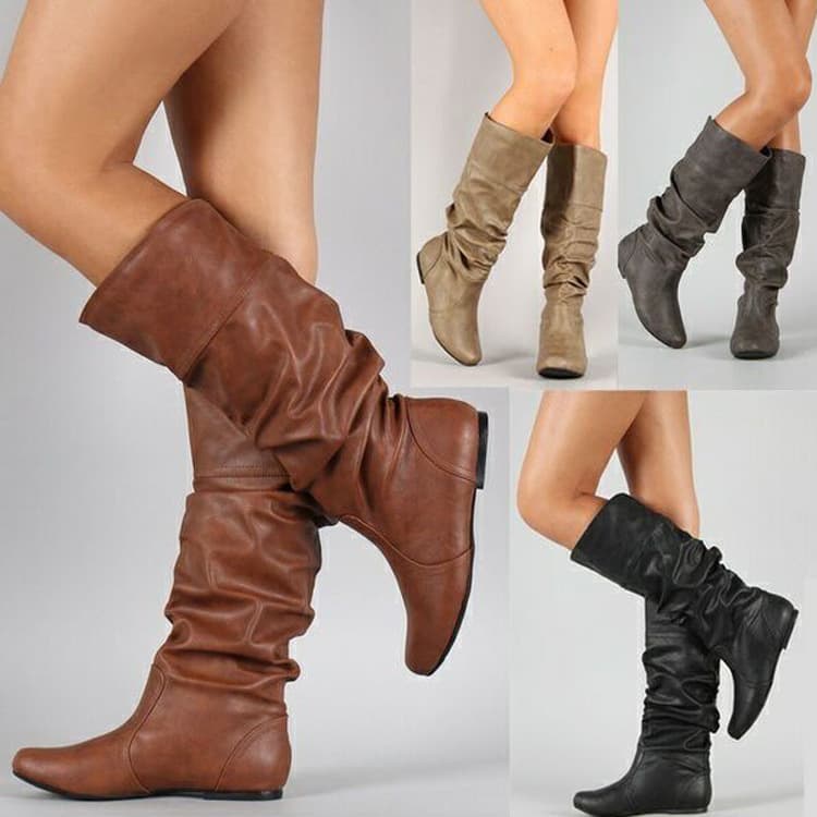 Flat Long Boots For Women Autumn And Winter New Internal Increase Pu Leather Round Head Set Foot Slimming Female Boots