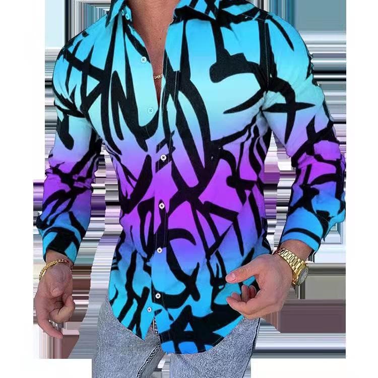 new men's 3D printing casual lapel slim men's long-sleeved cardigan shirt for men