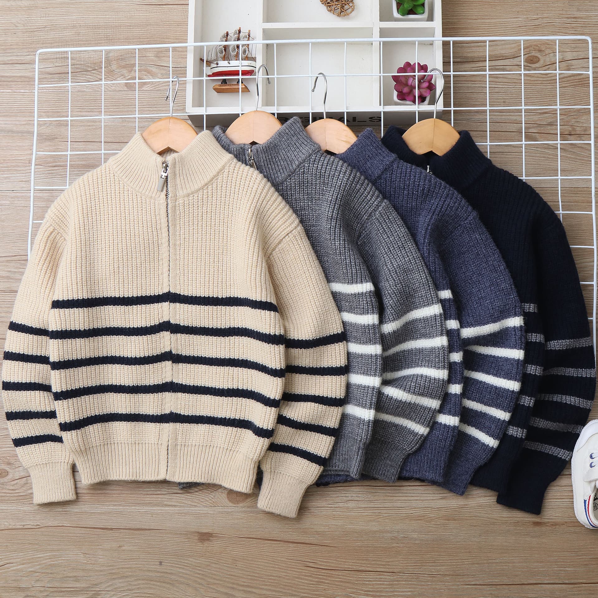 Mother & Kids Boys' Striped Lambswool Cardigan Sweater - Soft & Warm Knit Pullover For Big Kids (8+ Years), Long Sleeve, Stand Collar, Winter