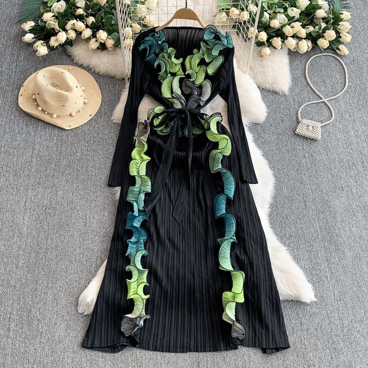 Women's Clothing Three Dimensional Lace Waist Elastic Pleated Elegant Long Skirt
