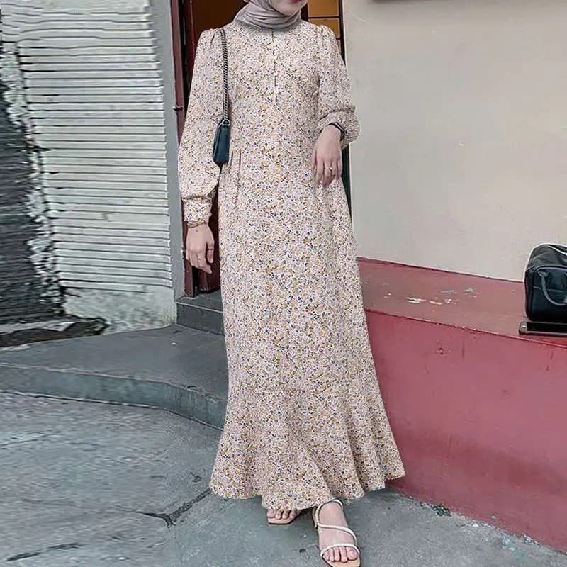 Bohemian Floral Maxi Dress With Modest Long Sleeves – Muslim-Friendly Loose Fit Dress, Polyester Flowy Hijab Dress (Black Print, Beige Print)