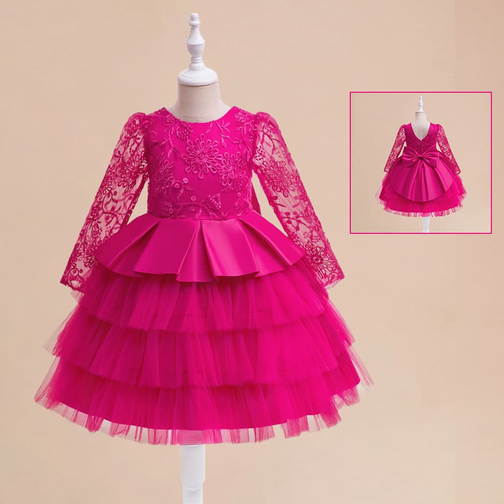 Girl's Lace Long-Sleeve Tiered Dress For Weddings & Parties – Elegant Princess Style (4Y-7Y)