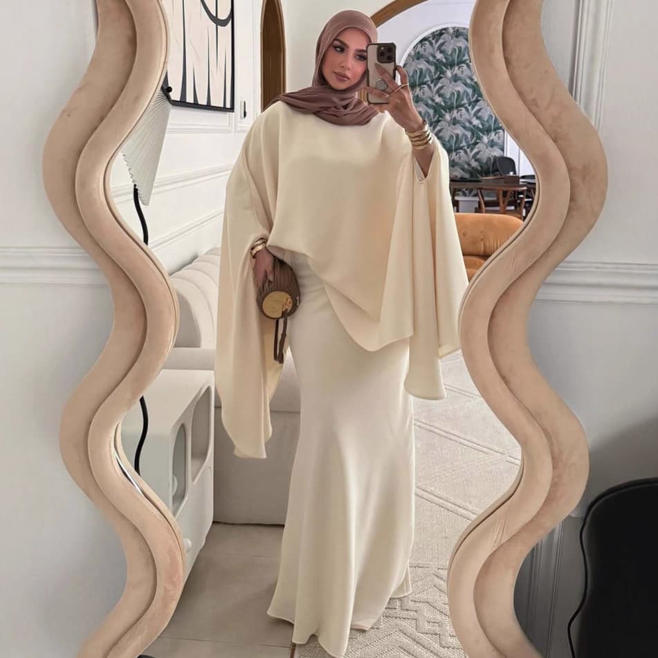 Elegant Muslim Abaya Dress Set With Batwing Sleeves - Modest Long Sleeve Maxi Dress & Skirt Outfit For Women (Available In Cream & Sky Blue)