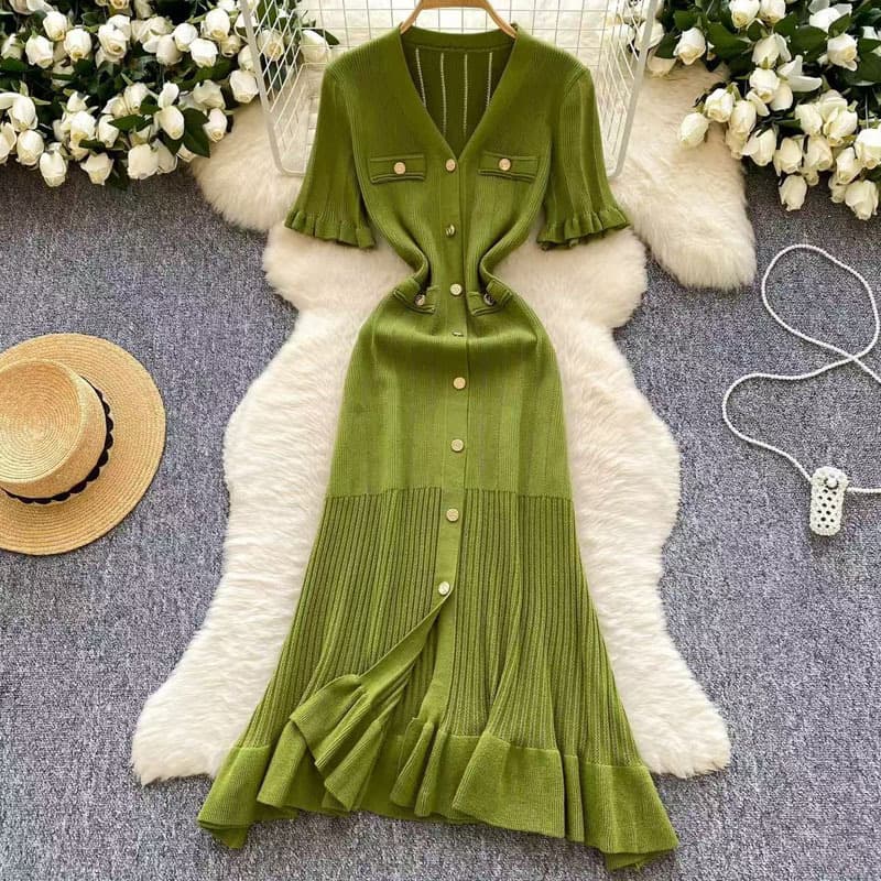 Women's Clothing V Neck Short Sleeved Ruffled Skirt Spring And Summer New Style A Line Skirt Tight And Slim Knitted Dress
