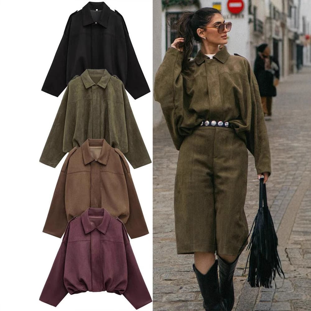 ​Women's PU Leather Bomber Jacket – Oversized Lapel, Batwing Sleeves, Zipper Details (S/M/L, Black/Brown/Army Green)​