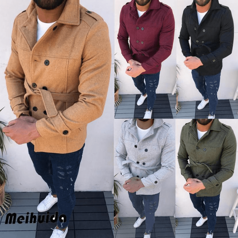 Men's coat belt long sleeve woolen coat trench double breasted