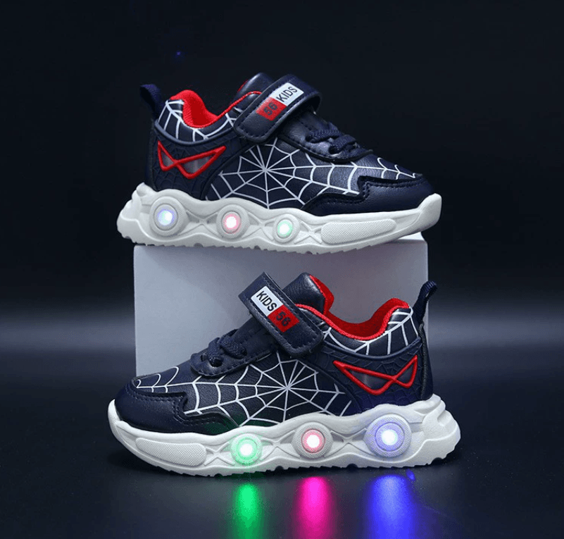 Kids' Light-Up Spiderweb Sneakers - LED Athletic Shoes With Reflective Details For Boys & Girls, Breathable Leather Casual Shoes
