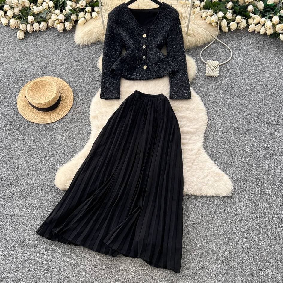 Women's Clothing Parisian Winter Set: Shimmer V-Neck Blouse & High-Waist Pleated Skirt In Black - Elegant Two-Piece Outfit For Women​​