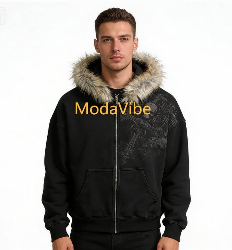 Riviera Edge Men's Faux Fur Hooded Y2K Hoodie, Retro Skull Print Streetwear Zip-Up Jacket, Fluffy Winter Warm Sweatshirt