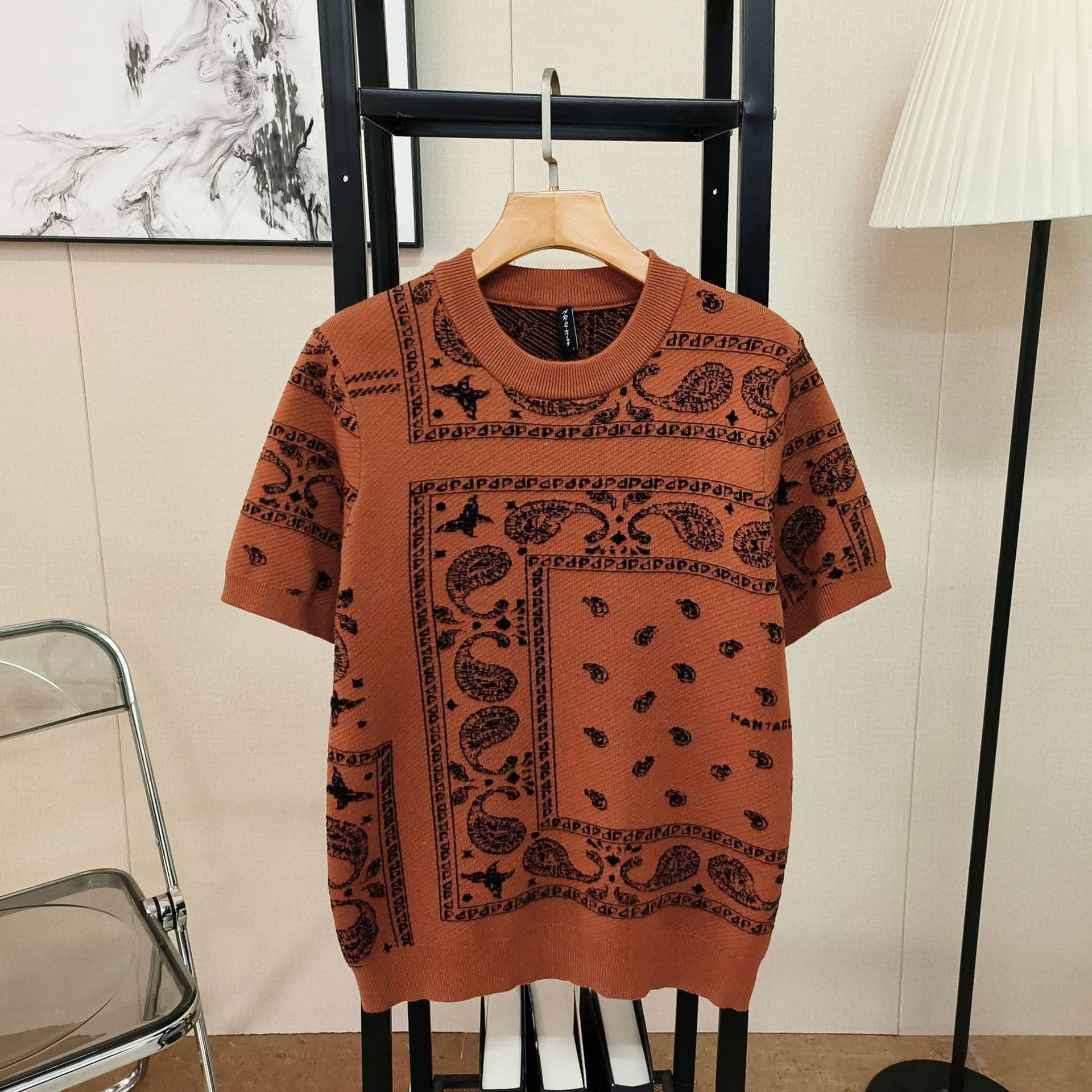 Men's Clothing new short sleeved round neck handsome tops men's fashionable jacquard cashew flower jacquard pullover sweater