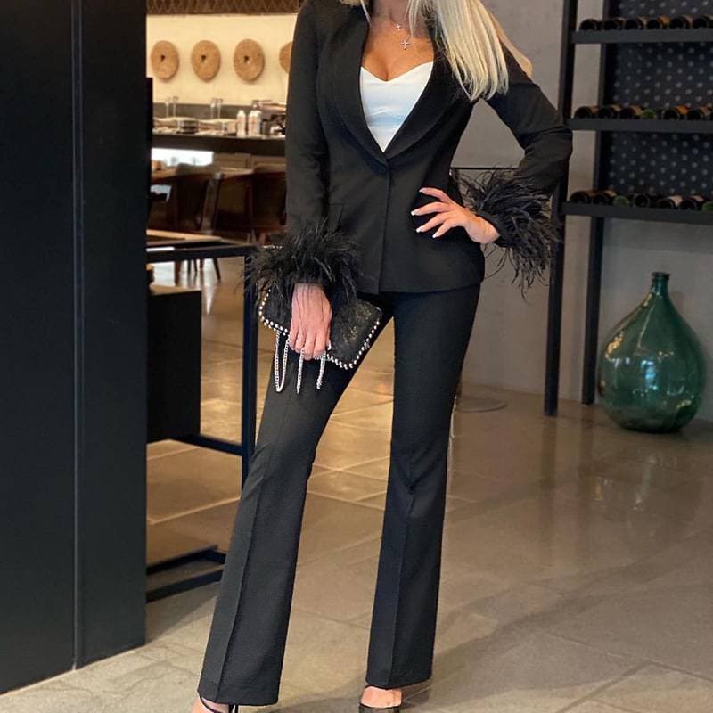 New fashionable commuter long-sleeved feather suit and trouser suit two-piece set