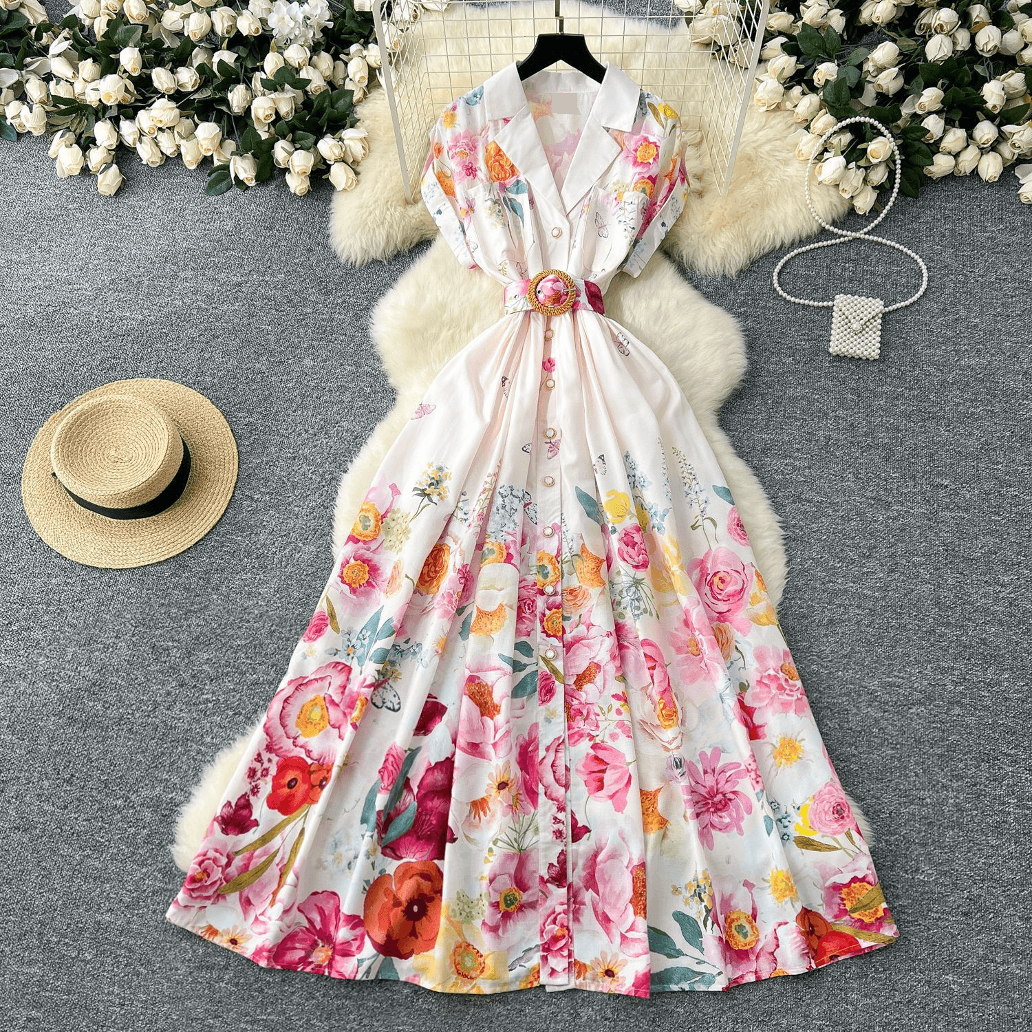 Women's Clothing Palace Style Retro Collar Dress Socialite Waist Single-breasted Printed Dress