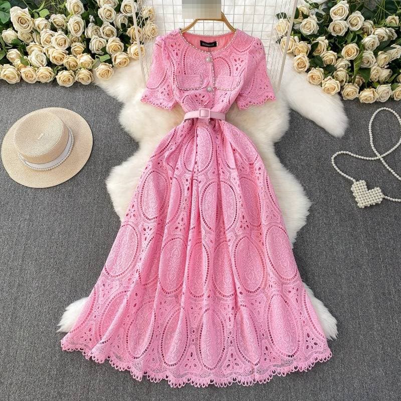Women's Clothing Luxury Embellished Lace Ball Gown – High Waist Flared Hem With Beaded Details (Pink/Blue/Nude, Sizes S-2XL)