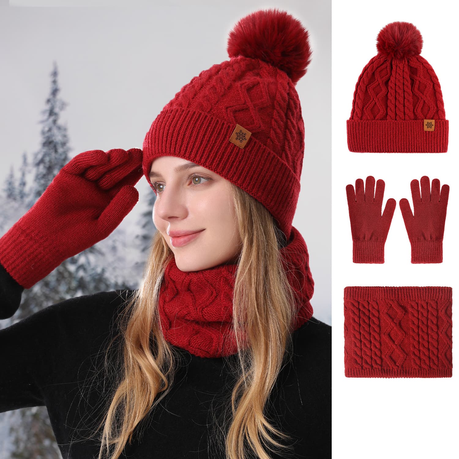 Winter Knit Hat Scarf Gloves Set For Women - Soft Alpaca Wool Thermal Neck Warmer, Beanie & Mittens - Elegant Geometric Design For Outdoor Cycling
