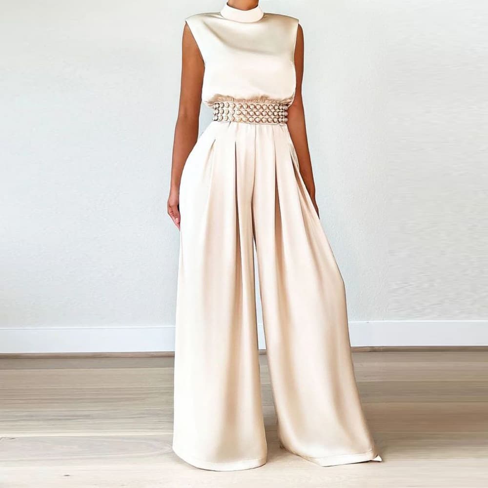 Women's Fashion Wide Leg Pants Solid Color High Collar Sleeveless Waist Pullover Bodysuits