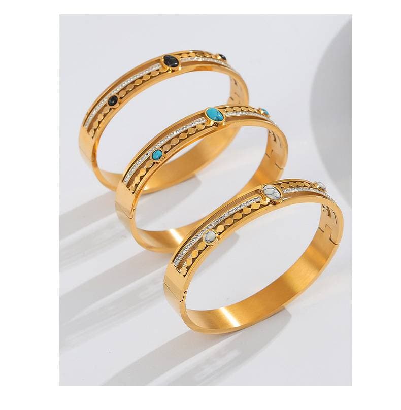 New retro palace style fashion personality hollow titanium steel gold plated diamond inlaid turquoise bracelet jewelry
