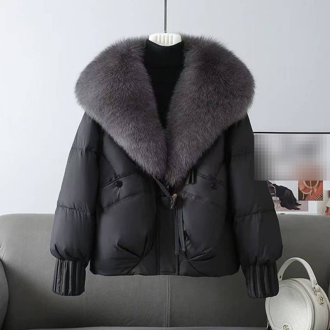 ​​Women's Winter Short Puffer Coat With Oversized Faux Fur Collar – Korean Style Loose Fit Thick Warm Jacket (Brown/Black)​​