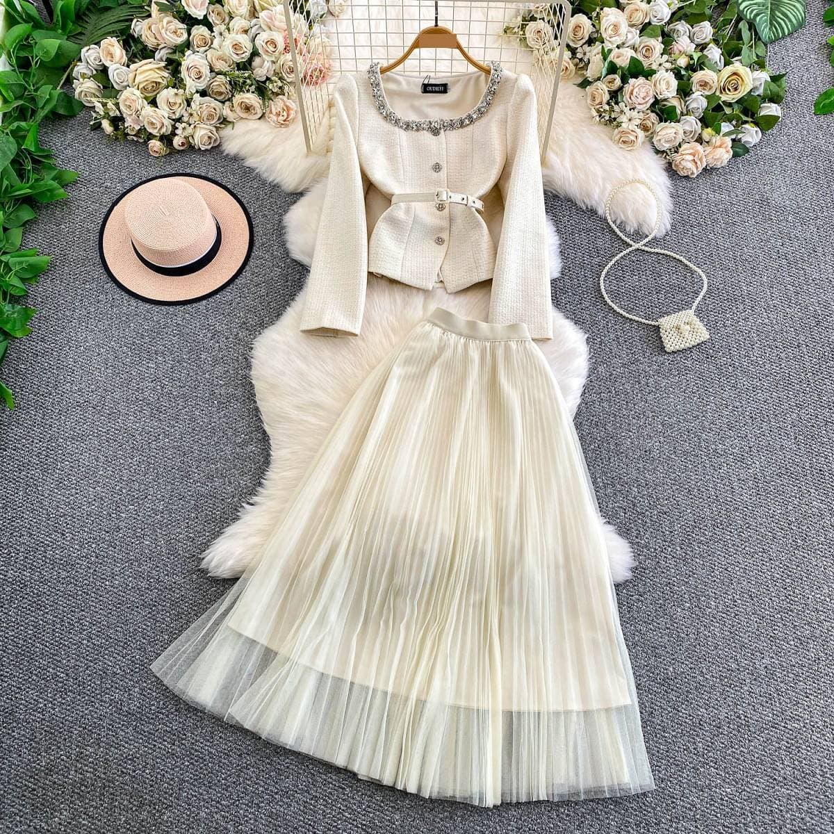 Women's Clothing Luxury Embellished Tweed Jacket & Flared Pleated Skirt Set – Elegant Two-Piece Outfit With Crystal Buttons & Tailored Fit For Women​