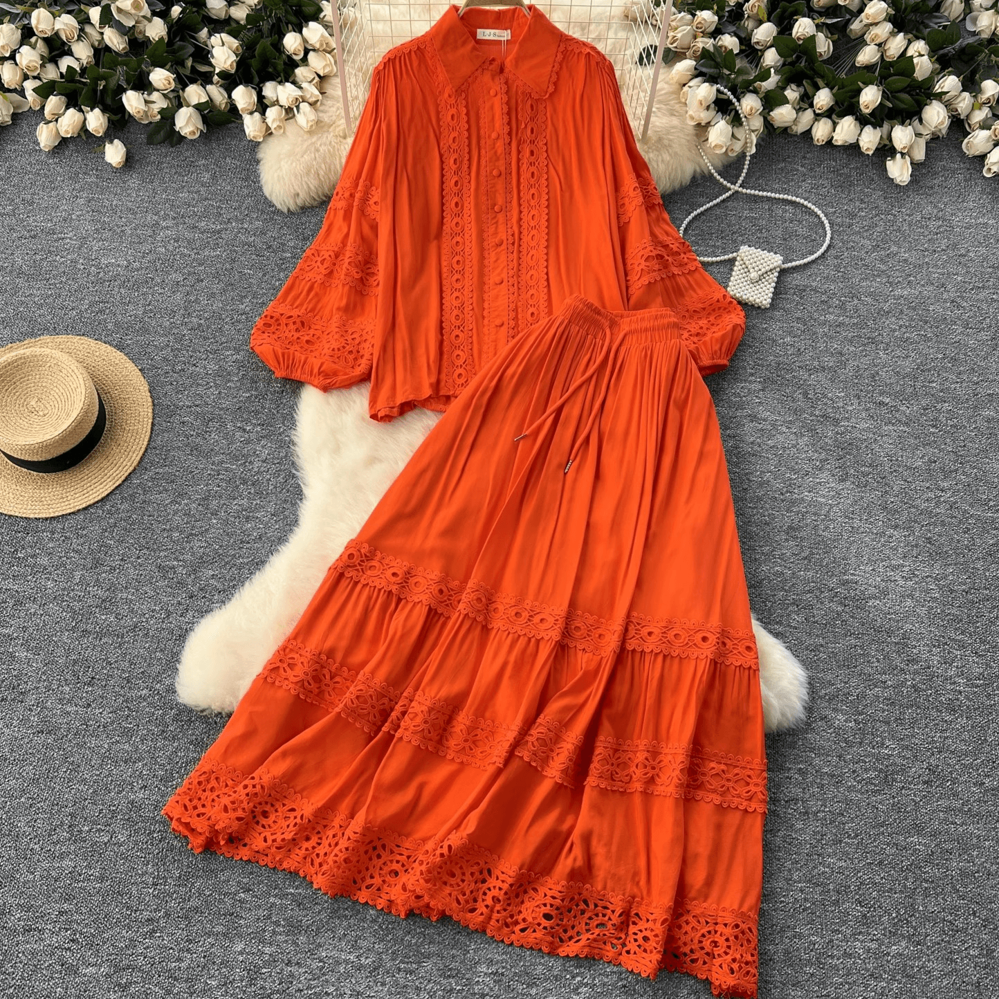 Women's Clothing High Grade Hollow Lace Splicing Lantern Long Sleeved Shirt High Waisted Slim Fitting Skirt