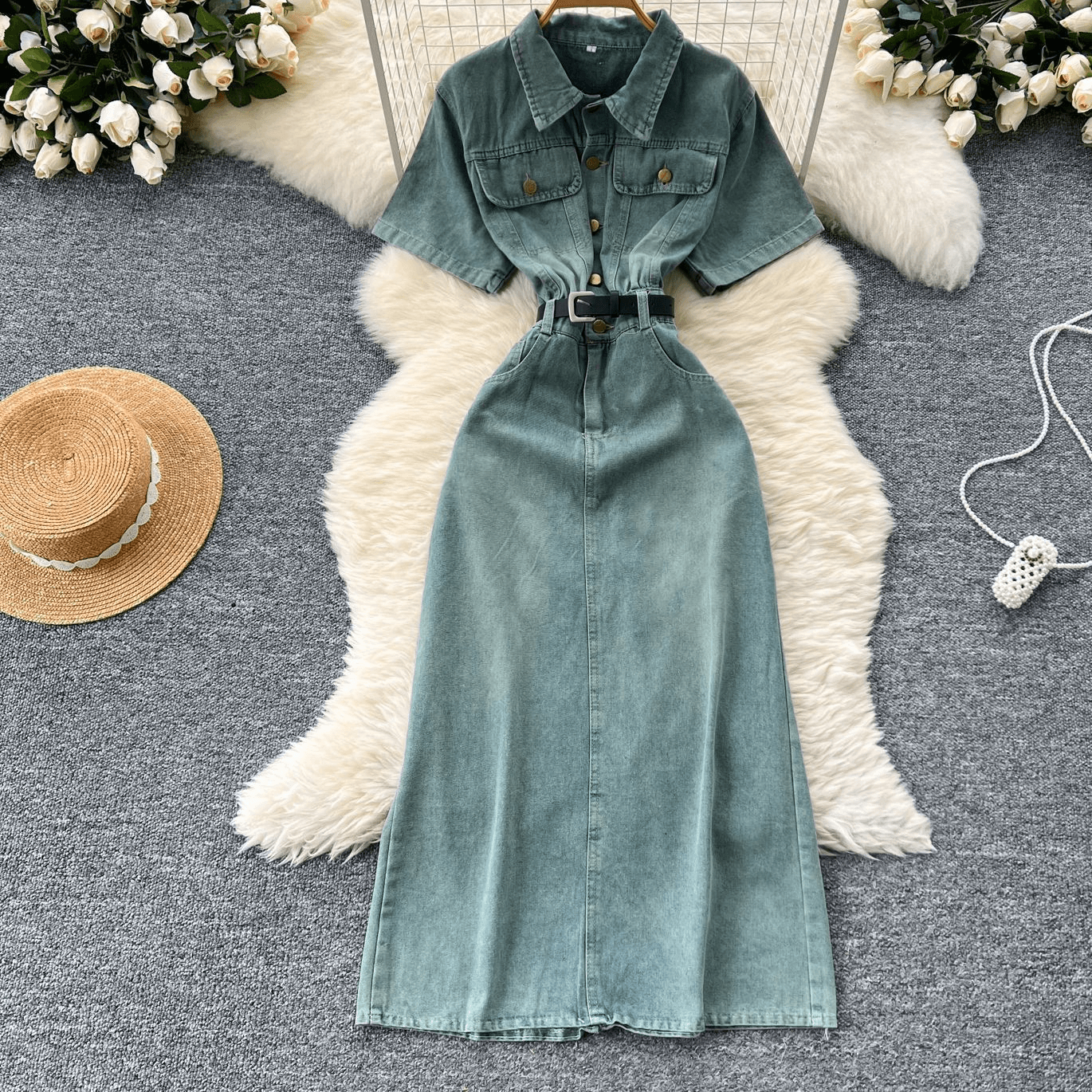 Women's Clothing Design Niche Lapel Short Sleeves Single Breasted Waist Slim Denim Dress Women's Summer Slim Long Skirt