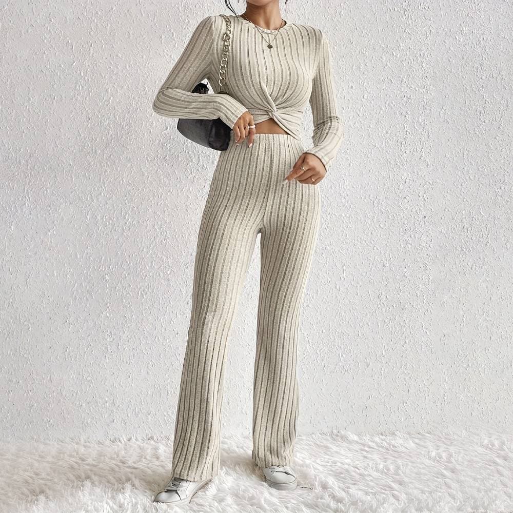 Women's Clothing Round Neck Long Sleeved Fashion Casual Suit Knitted Ribbed Wide Leg Pants Suit