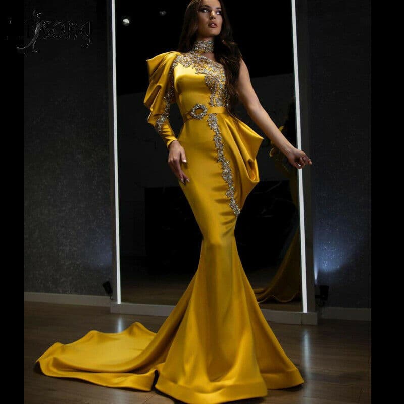 Women's Clothing Spring And Summer Sexy Gold Sprinkled High Necked Dress Spliced Irregular Banquet Dress