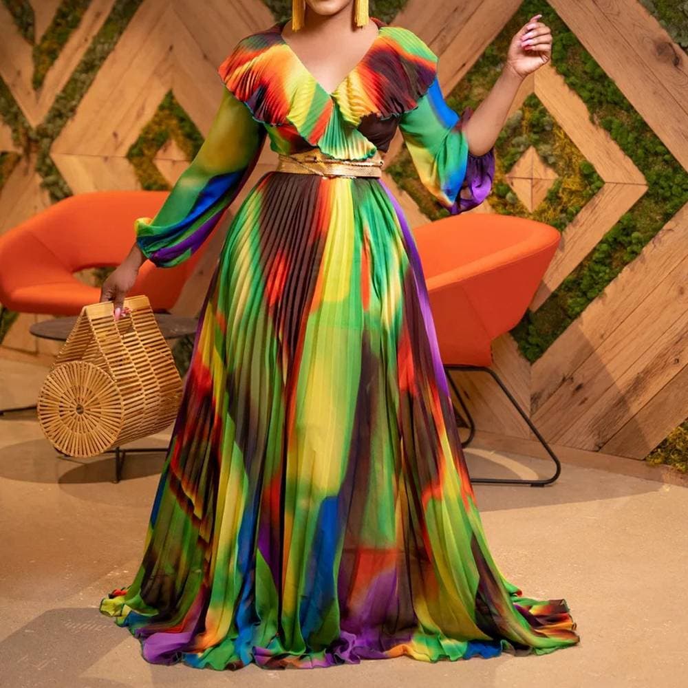 Women's Clothing Sexy V Neck Bubble Long Sleeve Printed Waist Temperament Dress