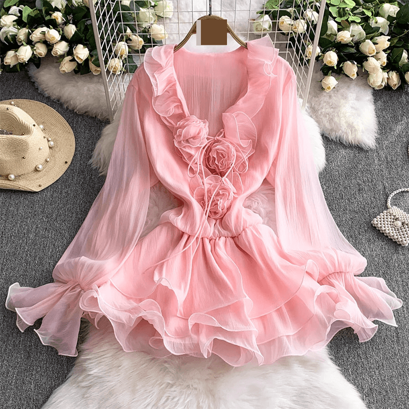 Women's Clothing High End Hollow Hook Lace Dress For Women With Slim Waist And High Collar Lantern Sleeves And Ruffled A Line Skirt