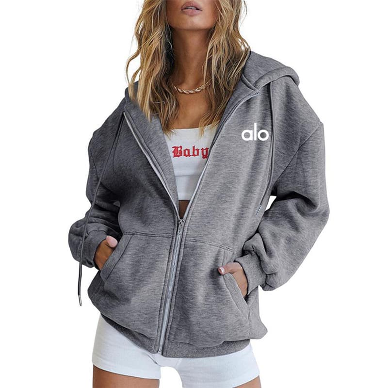Sweat à capuche ample et zippé pour femme, logo brodé, manches longues, style décontracté et sportif