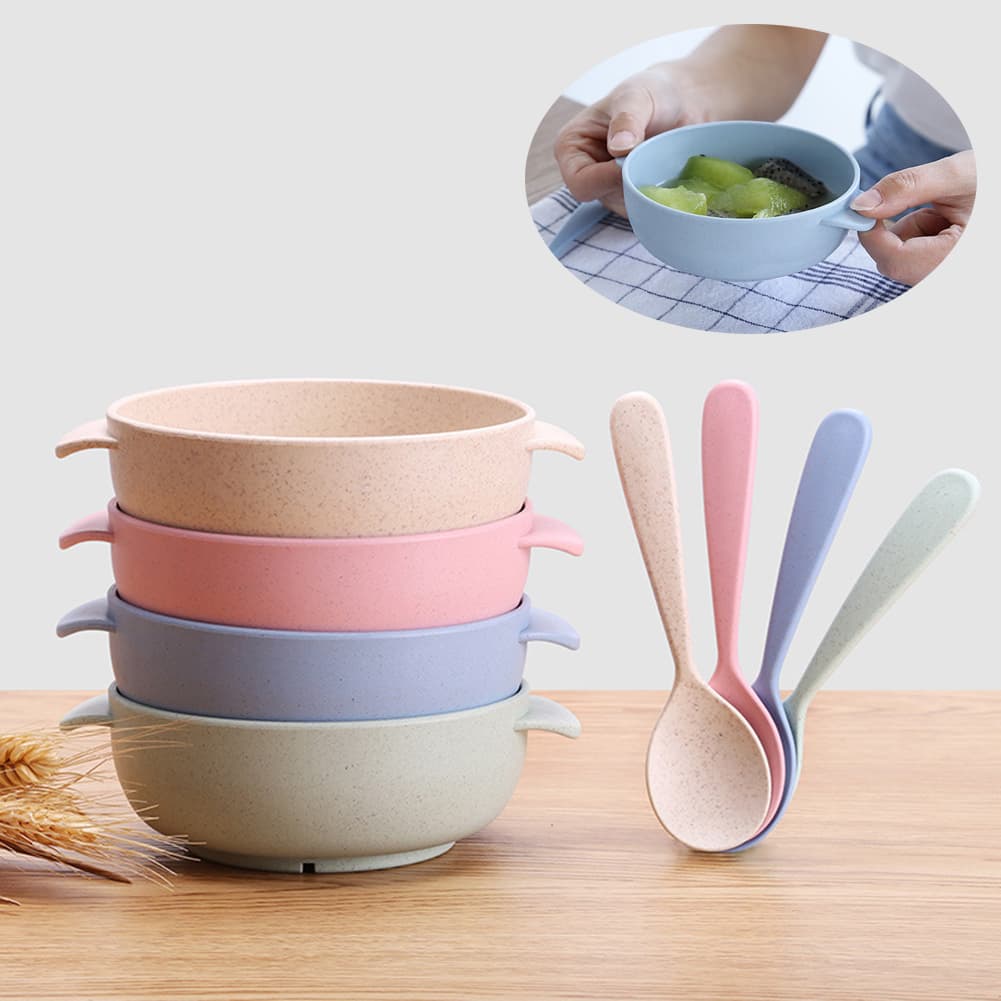 ToysMall 2Pcs/Set Baby Feeding Food Straw Handled Bowl Spoon Training Tableware