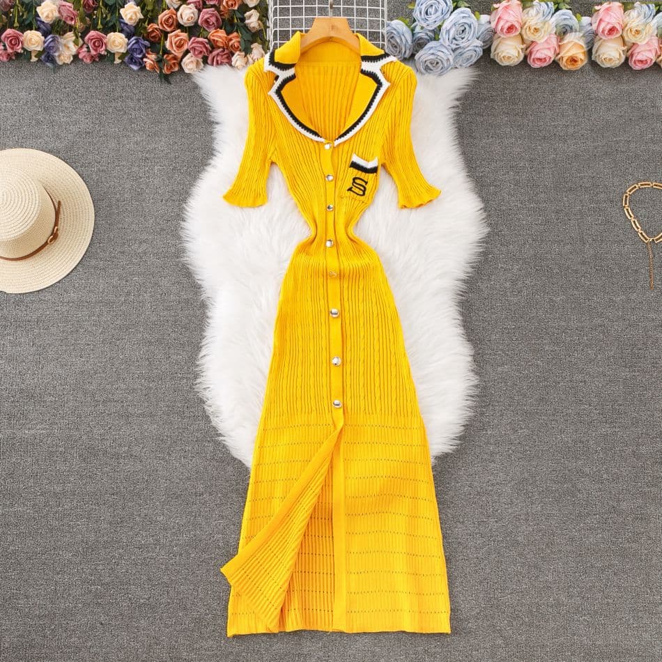 Yellow Dress, Women's Summer Long Dress, High-end Fashion, Embroidered Hollow Out Slit Knitted Skirt
